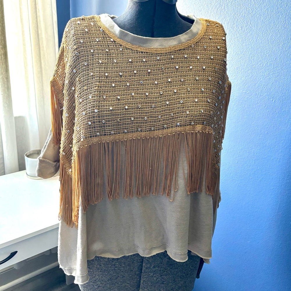 Free People Beige Fringe Cropped Knit Overlay Blouse